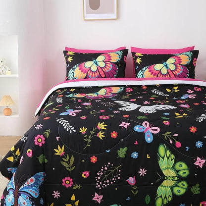 Girls Butterfly Comforter Set Queen Size Colorful Flowers Leaves Bedding Set for Kids Teens Adults Black 7 Piece Bed in A Bag Super Soft All Season