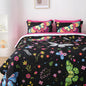 Girls Butterfly Comforter Set Queen Size Colorful Flowers Leaves Bedding Set for Kids Teens Adults Black 7 Piece Bed in A Bag Super Soft All Season
