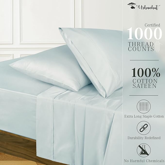 URBANHUT 1000 Thread Count Full Sheet Set Egyptian Cotton, Long Staple Soft & Breathable, 4 Pc Bed Sheet Sets, Luxury Hotel Sateen Sheets Fits 16" Deep Pocket - Light Blue