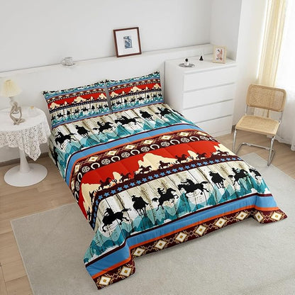 Feelyou Kids King Aztec Red Comforter King Size, Southwestern Cowboys Comforter Set for Boys Girls Horse Bedding Set Boho Tribal Duvet Set Microfiber Bed Set