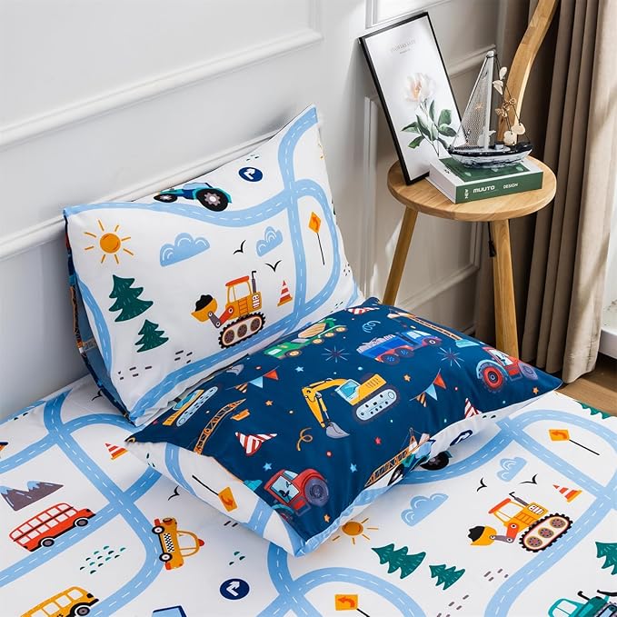 Holawakaka Trucks Tractors Cars Boy Bedding Comforter Set with Sheets, Twin Size Cartoon Construction Car Excavator Print Kids Bed in A Bag 5-Piece, Boys Reversible Dorm Bed Sets (Navy Blue Twin)