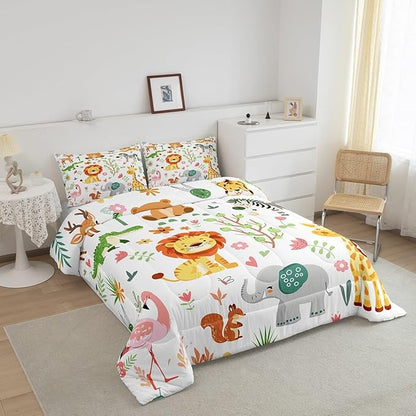 Feelyou Queen Size Cartoon Lions Giraffe Comforter Set Zoo Animals Bedding Set Flamingo Zebra Comforter for Kids Boys Girls Kawaii Animals Duvet Insert 3Pcs