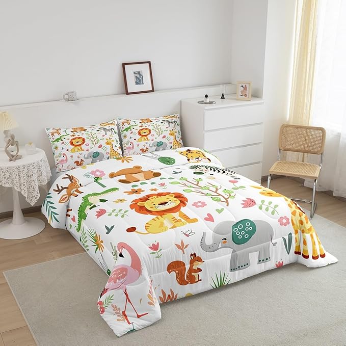 Feelyou King Size Cartoon Lions Giraffe Comforter Set Zoo Animals Bedding Set Flamingo Zebra Comforter for Kids Boys Girls Kawaii Animals Duvet Insert 3Pcs