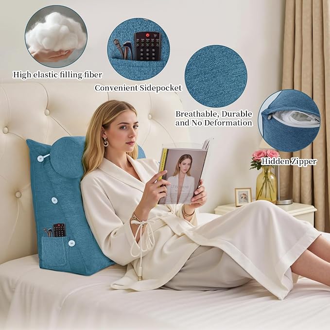 Bed Wedge Reading Pillow, Adjustable Reading Throw Cushion Triangular Pillow Wedge Couch Pillow for Lumbar Neck Back Support Pillow with Removable Linen Cover