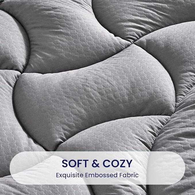SLEEP ZONE Grey Waterproof Mattress Pad King Size, Premium Soft Embossed Mattress Topper, Quilted Fitted Mattress Protector Cover with Elastic Deep Pocket (Grey, King)