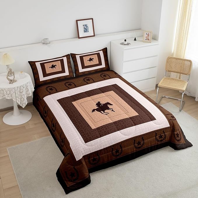 Feelyou Western Decor Comforter Set Queen Size Horse Comforter for Boys Girls Teens Cowboy Bedding Set Southwestern Native Aztec Duvet Set Room Decor Brown Quilt Set