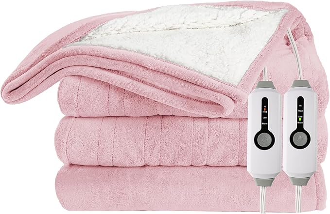Electric Heated Blanket 84"x90" Queen Size Flannel Heated Blanket, Cozy & Warm for All Night, 4 Heat Settings & 10 Hours Auto Off, Machine Washable-Light Pink
