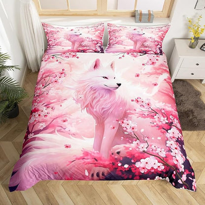 Fox Duvet Cover Set King Size,Pink Cherry Blossom Bedding Set 3Pcs,Wild Animals Plants Comforter Cover for Kids Girls Woman Adult Bedroom Decor,Japanese Style Romantic Quilt Cover,2 Pillowcases