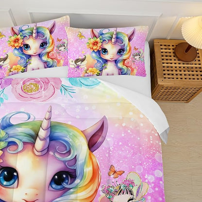 Cute Unicorn Comforter Set Queen for Girls Kids, Rainbow Unicorn Flower Print Galaxy Bedding Set,Soft Microfiber Cartoon Comforter Set with 2 Pillowcases,Toddler Bedding Set