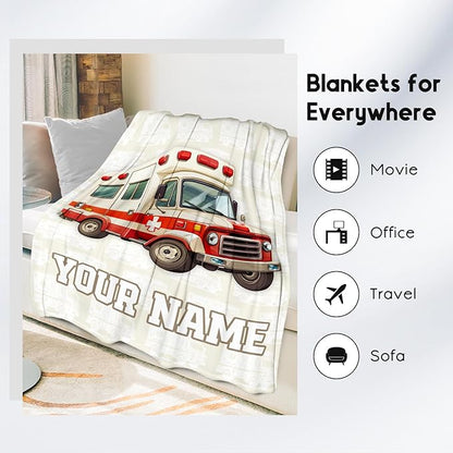 Personalized Ambulance Blanket, Cozy Soft Throw Gifts for Kids, Cute White Flannel Throw Blankets for Bed Couch, 60x80 Inches