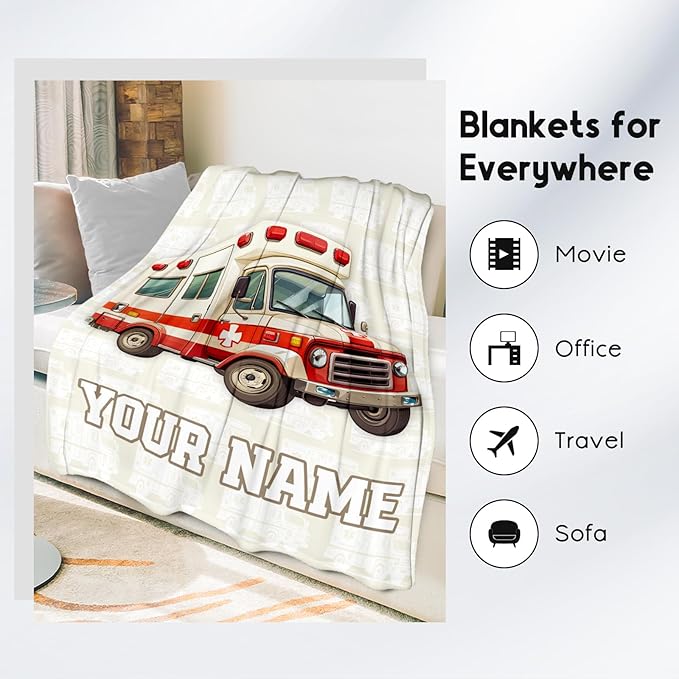 Personalized Ambulance Blanket, Cozy Soft Throw Gifts for Kids, Cute White Flannel Throw Blankets for Couch Office, 30x40 Inches