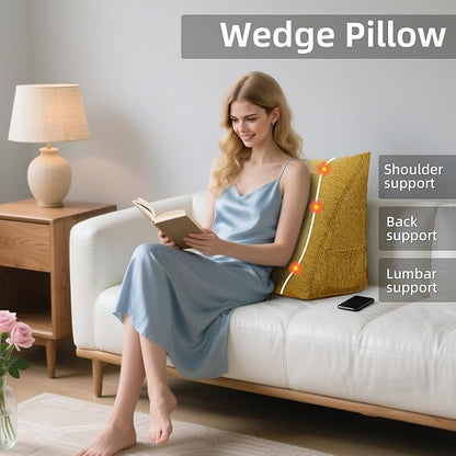 Wedge Headboard Reading Pillow for Bed Linen Triangular Backrest Bolster Pillow for Sitting Up Daybed Cushion Lumbar Body Support Positioning for Headboard, Couch, Dorm, Yellow