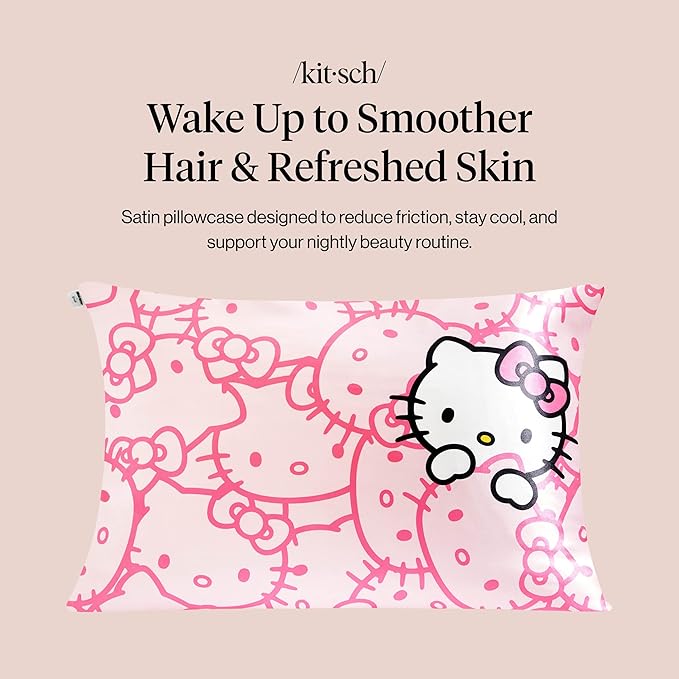 Kitsch x Hello Kitty Pillow Case – Pink Kitty Faces Toddler Bed Time Satin Pillowcase with Zipper – Soft Cooling Pillow Cover for Hair & Skin – Better Than Silk Pillowcase – Queen/Standard 19x26