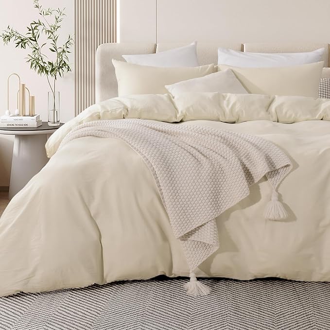 NEXHOME PRO Duvet Cover Set Queen Size Linen Feel Textured Cream Grey Organic Natural 100% Washed Cotton Duvet Cover 3 Pieces Bedding Set with Zipper Closure, Breathable, Soft (No Comforter)