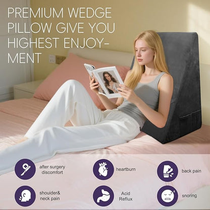 Memory Foam Bed Wedge Pillow (10"x24"x24") - Acid Reflux & Back Pain Relief, Anti-Snoring Incline Design, Removable Washable Cover for Sleep & Post-Surgery Support