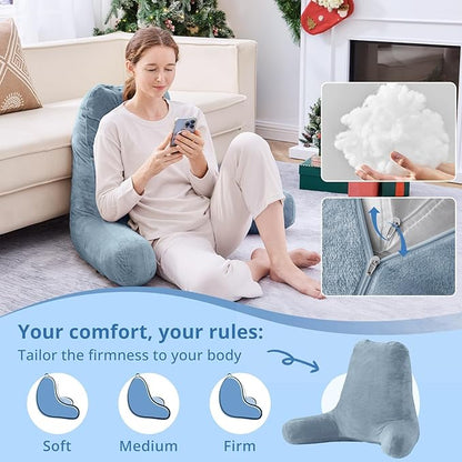Sasttie 25-inch Reading Pillows for Sitting in Bed Adult, Jumbo Velvet Back Pillow Bed Sitting Up, XL High Back-Rest Support Cushion for Sit Up on Couch & Floor, Oeko-Tex Certified, Greyish Blue
