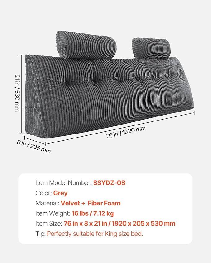 VEVOR Headboard Pillow, King Size Wedge Headboard Pillow with 2 Side Pockets and 2 Headrests, Bed Wedge Pillow with Washable Flannel Cloth, for Reading, Gaming, Resting, Working in Bed, Grey
