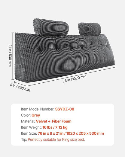 VEVOR Headboard Pillow, King Size Wedge Headboard Pillow with 2 Side Pockets and 2 Headrests, Bed Wedge Pillow with Washable Flannel Cloth, for Reading, Gaming, Resting, Working in Bed, Grey