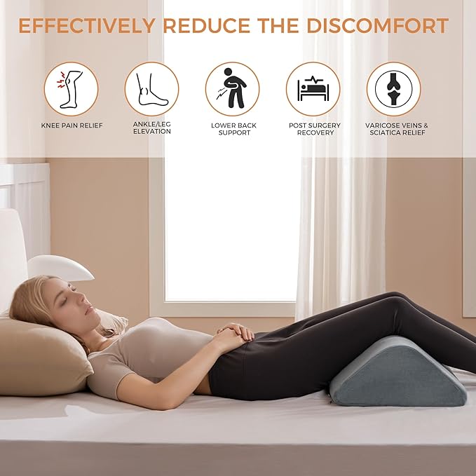 Knee Wedge Pillow 6.3'' for Post-Surgery Recovery-Leg Elevation Support for Sleep Position, Alleviating Lower Back & Hip Pain Enhancing Circulation in Ankles Legs Triangle Pillow with Removable Cover