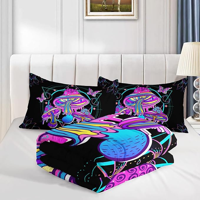 HOSIMA Mushroom Bedding Comforter Sets, Forest Fungi Plant Theme Cartoon Butterfly Mushroom Decor Toddler Comforter Set,Magic Hexagram Black Bedding Sets Queen Size with 2 Pillowcases.