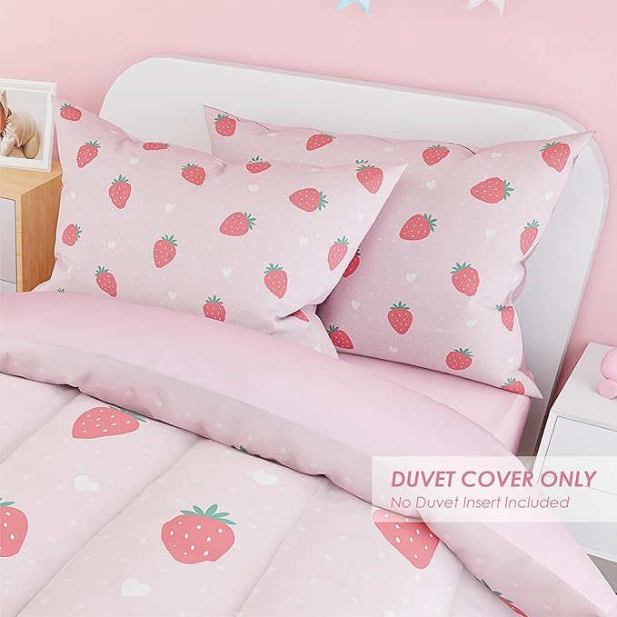 SANDJEST Strawberry Duvet Cover Sets Full Size for Kids Girls, Incude 1 Polyester Comforter Cover 80x90 Inches and 2 Pillowcases 20x26 Inches, Comforter Not Included, Gift for Christmas Birthday