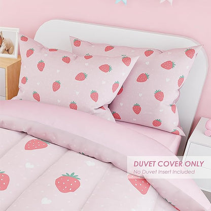 SANDJEST Strawberry Duvet Cover Sets Full Size for Kids Girls, Incude 1 Polyester Comforter Cover 80x90 Inches and 2 Pillowcases 20x26 Inches, Comforter Not Included, Gift for Christmas Birthday