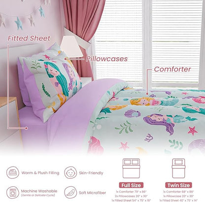 SANDJEST Mermaid Bedding Twin for Girls, Ultra Soft Microfiber Comforter Set Twin Size with 3-Pieces, Comforters Bed Sets for Kid Children Teen Tween Bedroom Decor