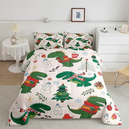 Erosebridal Cartoon Dinosaur Comforter Set for Kids Boys Girls,Xmas Dino Bedding Full,Winter Snowman Tree Flower Comforter Sets,Merry Christmas Duvet Insert with 2 Pillowcases Bedroom Decor