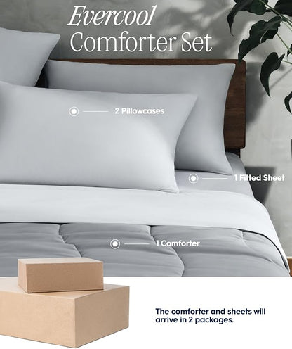 REST® Evercool®+ Cooling Comforter Set, Queen, Light Gray, 4pcs with Cooling Blanket, Wrinkle-Free Deep Pocket Fitted Sheet, 2 Silver-Infused Pillowcases for Skin and Hair Bed Set for Ultra Comfort