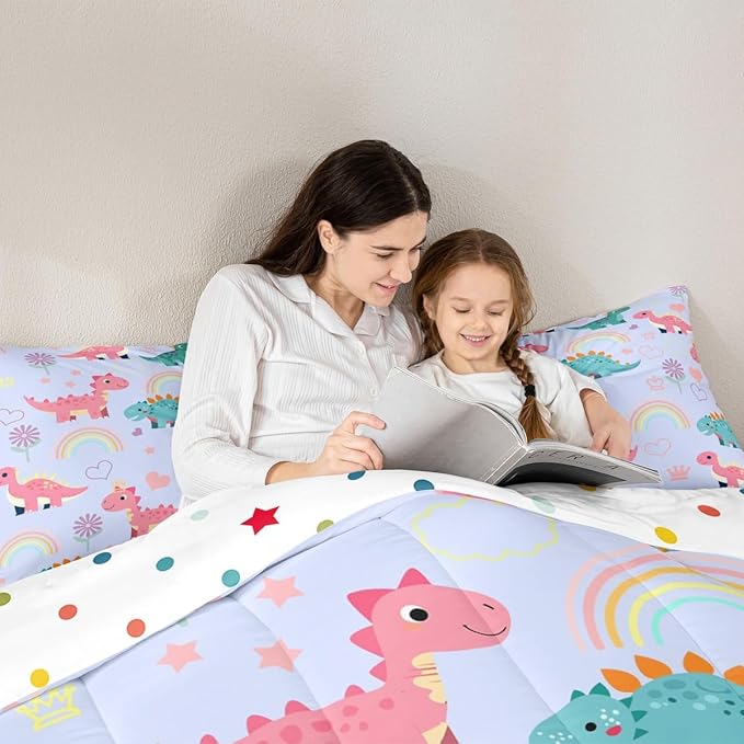 Kawaii Dino Kids Bedding Sets Cute Rainbow Floral Love Heart Reversible Comforter for Boys Blue Pink Dinosaur Lovely Animal Quilt Set Soft Duvet Insert,1 Pillowcase Toddler Size