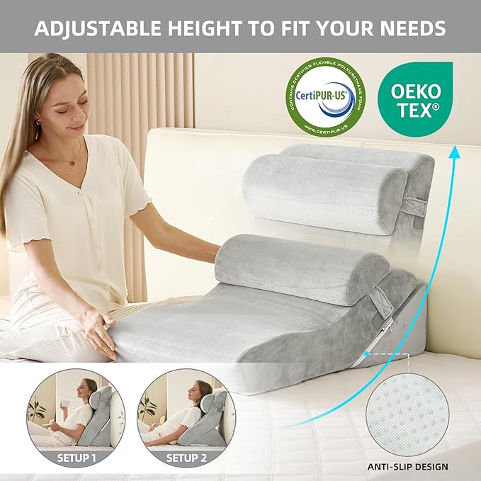 3PCS Orthopedic Bed Wedge Pillow Set, 45D Memory Foam Wedge Pillow Post Surgery for Back, Leg and Knee Support, Wider Adjustable Triangle Pillow Set for Sleeping,Acid Reflux,Anti-Snoring, Light Grey