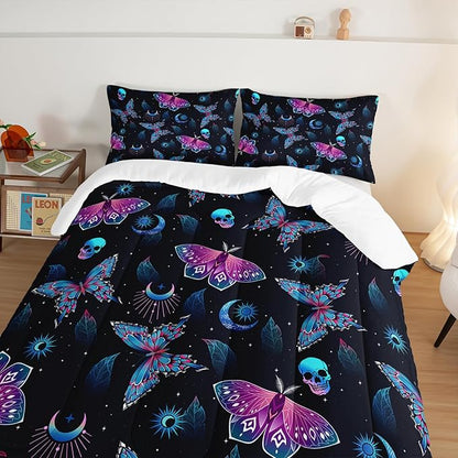 HOSIMA Halloween Full Size Comforter Sets Skull Butterfly Bed Set,Goth Bedding Set Black Comforter Full Size Bed in a Bag for Adults Boys Girls Halloween Room Decor Dark Academia Bedding.