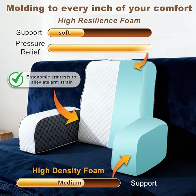 Bed Reading Pillow Back Support with Arms, Removable Pillowcase for Book Working Gaming Resting Watching TV, White Gray/22in