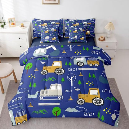 Feelyou Construction Comforter Set Queen Size 7 Pieces Equipment Trucks Bedding Set Kids Boys Excavator Tractor Bed in a Bag with Comforter, Sheets Construction Vehicles Blue Yellow Quilted