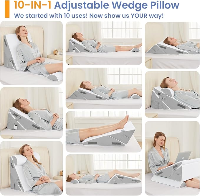 Sasttie Wedge Pillow Set for After Surgery, 3PCS Adjustable Bed Wedge Pillow Headboard with Memory Foam Neck Cushion – for Acid Reflux, Sleeping, Neck & Back Support, Light Grey & White
