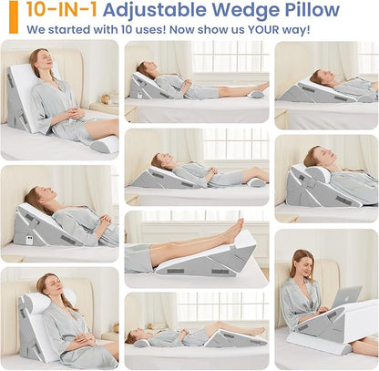 Sasttie Wedge Pillow Set for After Surgery, 3PCS Adjustable Bed Wedge Pillow Headboard with Memory Foam Neck Cushion – for Acid Reflux, Sleeping, Neck & Back Support, Light Grey & White
