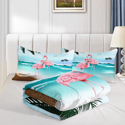 HOSIMA Ocean Beach Comforter Set,Fashion Flamingo Bedding Summer Seaside Nature Scenery Vacation Style Room Decor,Tropical Plants Palm Leaves Comforter Full Size for Boys Women Girls Teens.