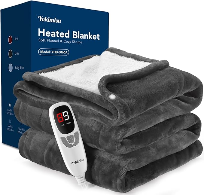 Heated Blanket Throw with 2 Wearable Buttons, Lux-Soft Flannel Sherpa Electric Blanket 9 Heat Levels & 1-10H Timer, 50"x60" Wearable Heated Throw Blanket, ETL Certified Machine Washable (Grey)