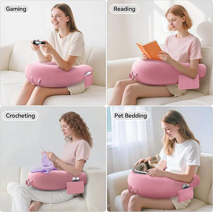 Crochet & Reading Pillow for Lap Support, Gaming Lap Desk Pillow, Sitting on The Bed/Sofa/Floor for Knitting, Large & Ergonomic Arm Rest Support, Pet Bed for Ipad/Laptop/Kindle - Pink