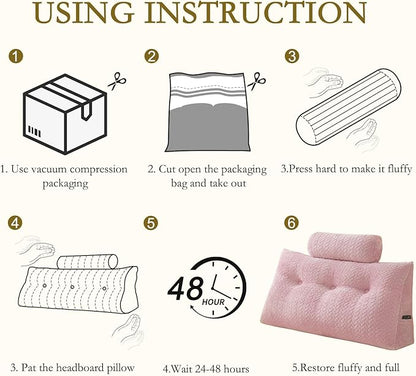 YOUR MOON Wedge Headboard Pillow Twin with 1 Pack Neck Roll Pillow, Triangular Wedge Backrest Pillows Headboard for Bed,Daybed,and Lounging, Large Bed Bolster Pillows,Pink
