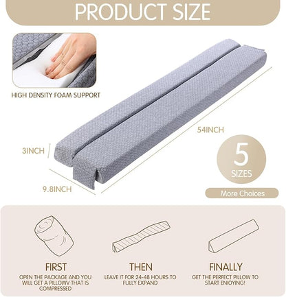 Foldable Bed Wedge Pillow for Headboard Gap (0-6'') 54" x 9.8" x 3" Foam Mattress Gap Filler, Pillow Falling Down, Gray