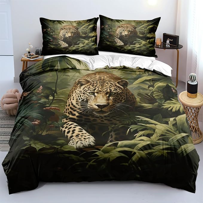 Leopard Print Duvet Cover Set Twin Size 3D Wild Animals Leopard Jungle Print Bedding Set with 2 Pillowcases for Kids Teens Adults Room Decor,Green Yellow