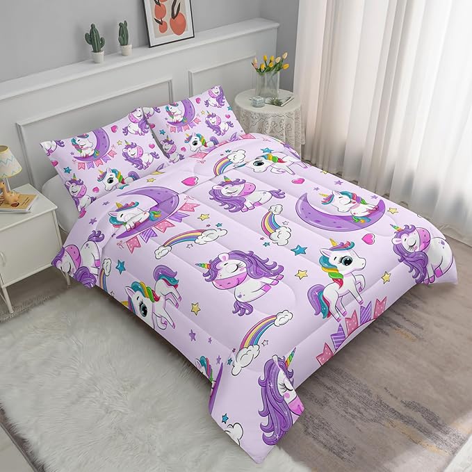 Axolotl Purple Unicorn Comforter Set King Size,Kids Bedding Set for Girls,Cute Unicorn Rainbow Bedding with Stars,3Pcs Cartoon Stars Printed Bed Set 1 Comforter 2 Pillowcases All Seasons
