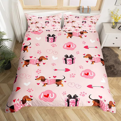 Cute Dachshund Duvet Cover Sets Full Size,Valentine's Day Bedding Set 3Pcs for Kids Girls Boys Adult Room Decor,Pink Love Heart Print Comforter Cover Romantic Dog Paw Quilt Cover,2 Pillowcases