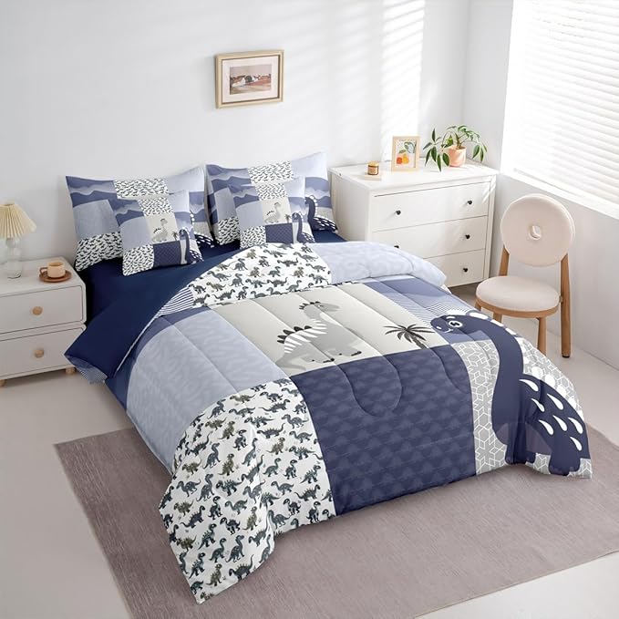 Feelyou Cute Dinosaur 7 Piece Bedding Set Dark Blue Dinosaur Comforter Set with Sheets King Size for Kids Boys Girls Geometric Pattern Bed in a Bag Animal Theme Bed Set Soft Lightweight