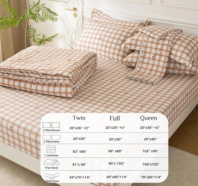 SDY 7PCS Bow Checkered Bedding Set Full,Washed Microfiber for Kids,Boys and Girls with Comforter, Flat Sheet, Fitted Sheet and Pillowcases & Shams