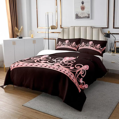 Erosebridal Princess Coverlet Set, Pale Pink Crown with Diamond Bedding Quilted Girly Bedspread, Kids Children Woman Soft Microfiber Decorative Quilt Set Twin Size, Black