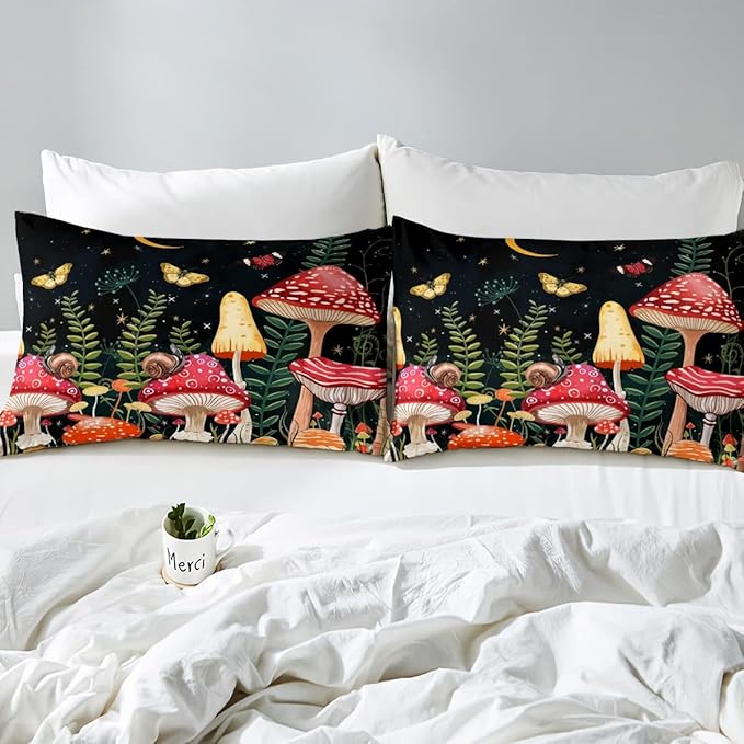 Feelyou Kids Mushroom Bedding Set Natural Wild Fungus Comforter Set for Kids Boys Girls Botanical Plants Duvet Set Butterfly Comforter 1 Comforter Set with 2 Pillowcases Full Size