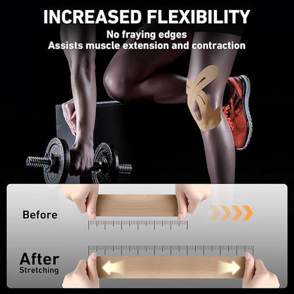 PreCut Kinesiology Tape for Knees, 24PCS Waterproof KTQUICK Knee Tape for Knee Pain Relief Pre Cut, Original Cotton Athletic Knee Tape, Waterproof & Hypoallergenic Latex-Free for Sports(Beige)