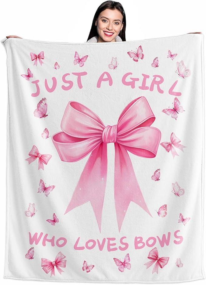 Bow Throw Blanket 60x80Inch Preppy Blanket Pink Bow Aesthetic Throw Blanket Coquette Flannel Soft Bow Plush Preppy Room Decor for Girls Women Birthday